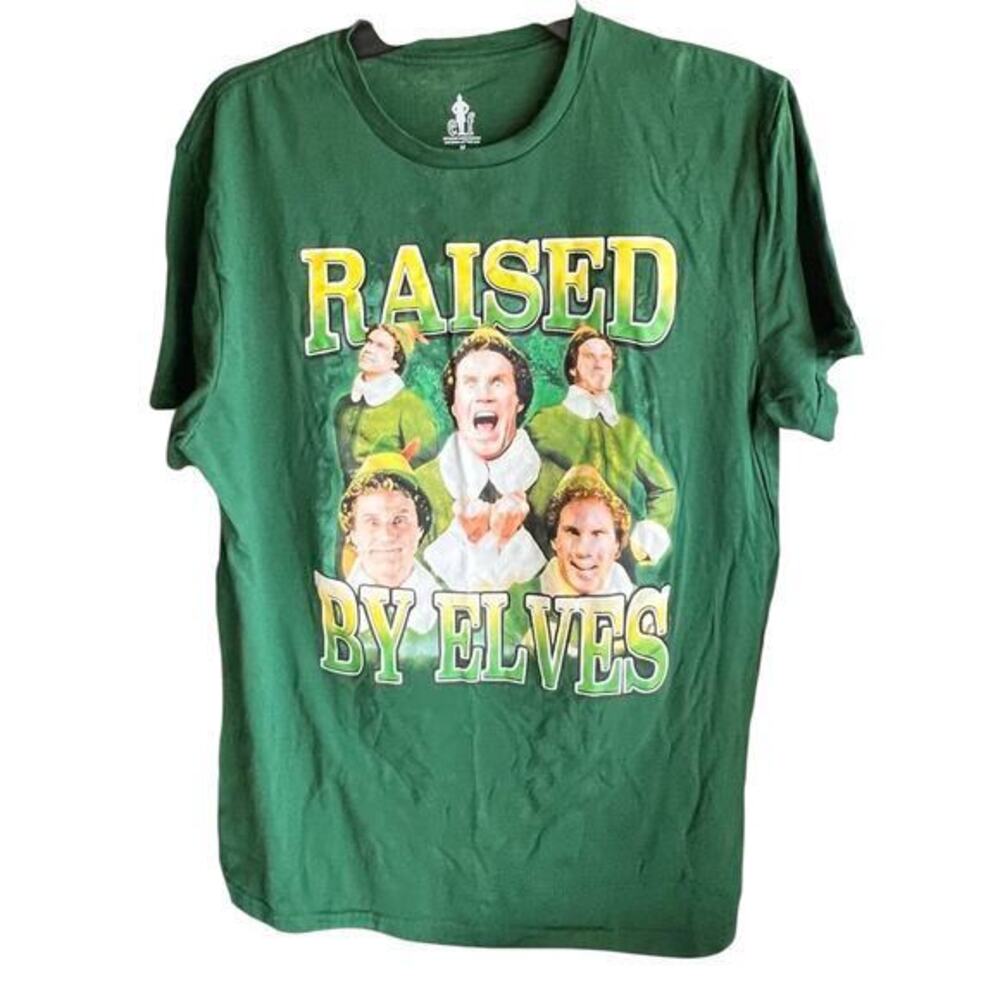 ELF Raised by Elves Will Ferrell Green Christmas graphic tee unisex NWOT SZ M